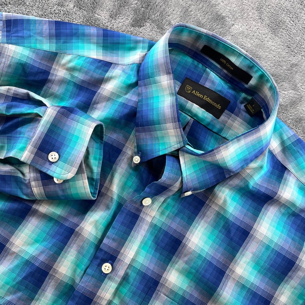 Allen Edmonds Mens Large Blue Teal Plaid Cotton Button Down Shirt Long Sleeve